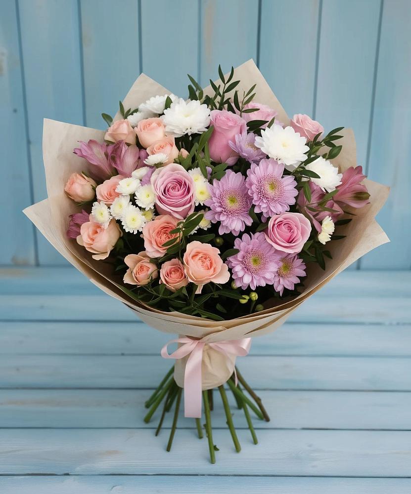 Букет цветов из: Хризантемы, Розы и Альстромерии в Псыже